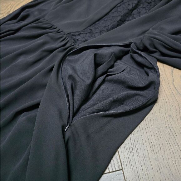 🆕️ Nanette Lepore Mock Nexk Pleated Lace Bell Sleeve Midi Dress in Black - Picture 10 of 12